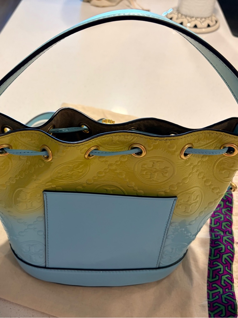 Tory Burch Blue-to-Yellow Ombre Embossed Leather Drawstring Shoulder Bag - Picture 6 of 8